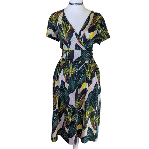 Ouges Green Tropical Leaf Patterned Faux Wrap Knee-Length Dress L - Picture 1 of 9